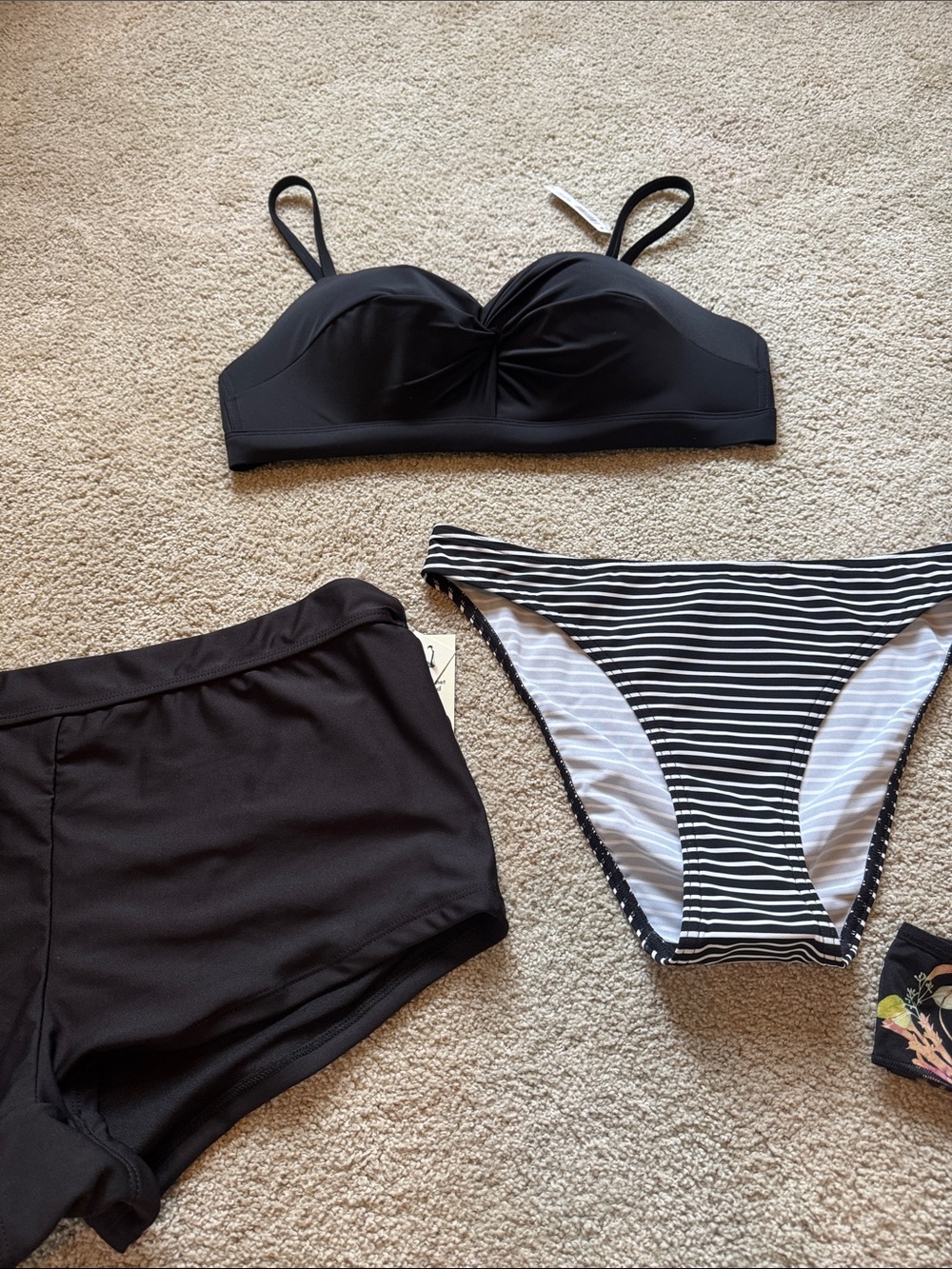 Black Women's Bikini Top and Striped Bikini Bottom Set